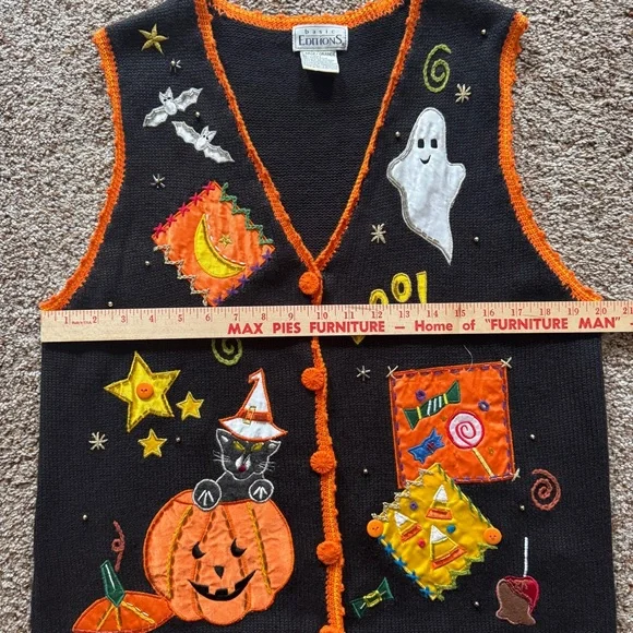 Vintage Halloween Sweater Vest Cat Pumpkin Ghost Applique Black Button Front L - Picture 13 of 14